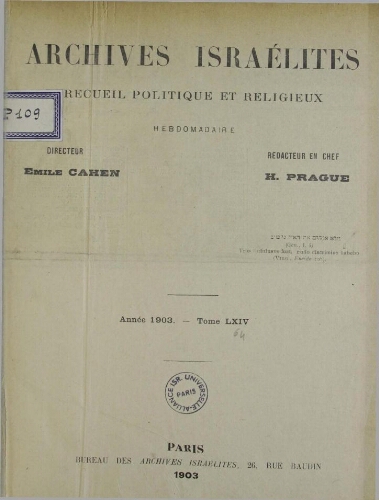 Archives israélites de France. Vol.64 N° (17 mars 1905)