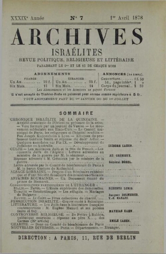 Archives israélites de France. Vol.39 N°07 (01 avr. 1878)