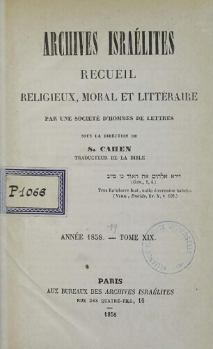 Archives israélites de France. (1858  Vol.19)