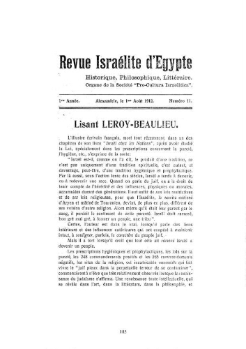 Revue israélite d'Egypte. Vol. 1 n° 11 (1er août 1912)