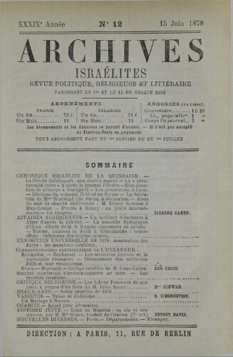 Archives israélites de France. Vol.39 N°12 (15 juin 1878)