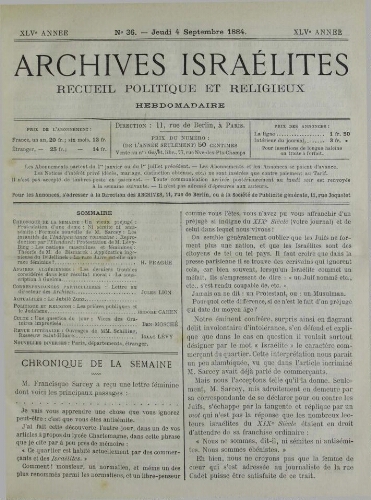 Archives israélites de France. Vol.45 N°36 (04 sept. 1884)