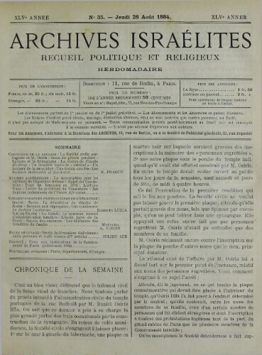 Archives israélites de France. Vol.45 N°35 (28 août 1884)