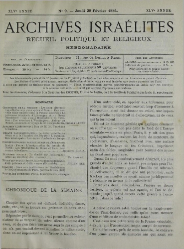Archives israélites de France. Vol.45 N°09 (28 févr. 1884)