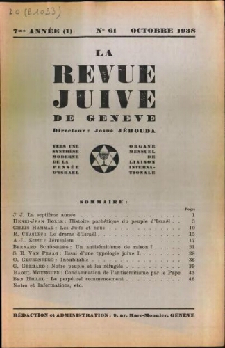 La Revue Juive de Genève. Vol. 7 n° 1 fasc. 61 (octobre 1938)