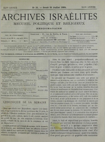 Archives israélites de France. Vol.45 N°31 (31 juil. 1884)