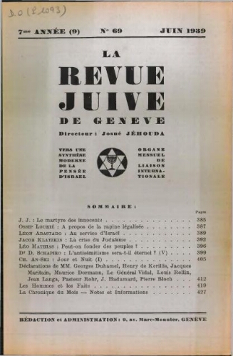 La Revue Juive de Genève. Vol. 7 n° 9 fasc. 69 (juin 1939)