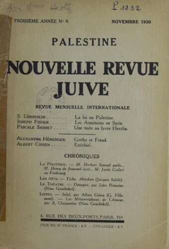Palestine, nouvelle revue juive Vol. 6 n° 9 (novembre 1930)