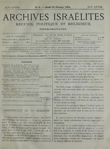 Archives israélites de France. Vol.45 N°08 (21 févr. 1884)