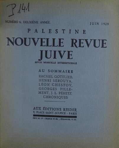 Palestine, nouvelle revue juive Vol. 3 n° 6 (juin 1929)