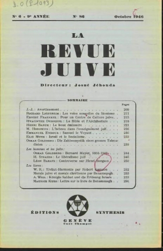 La Revue Juive de Genève. Vol. 9 n° 6 fasc. 86 (octobre 1946)