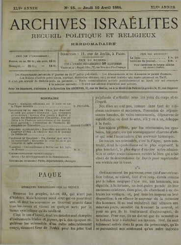 Archives israélites de France. Vol.45 N°15 (10 avr. 1884)