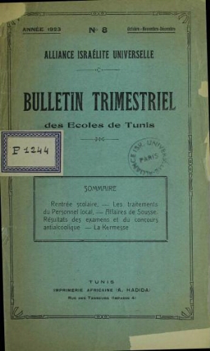 Bulletin des écoles de Tunis. (Vol.8 Oct – Déc 1923)