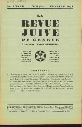 La Revue Juive de Genève. Vol. 3 n° 5 fasc. 25 (février 1935)