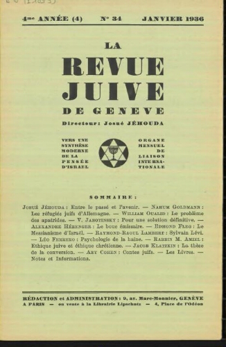La Revue Juive de Genève. Vol. 4 n° 4 fasc. 34 (janvier 1936)