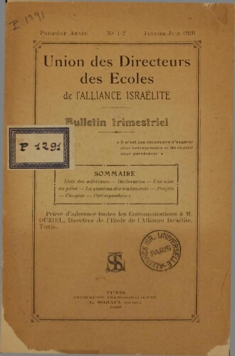 Union des Directeurs des Ecoles Vol.1 N°1-2 (janv-juin 1920)