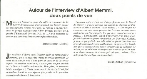 Autour de l'interview d'Albert Memmi, deux points de vue