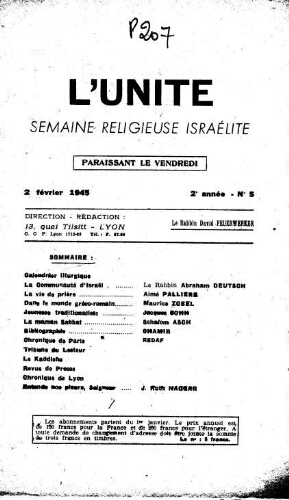 L'Unité : Semaine religieuse israélite. 2ème Année N° 5 (2 février 1945)
