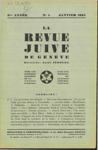 La Revue Juive de Genève. Vol. 2 n° 4 fasc. 14 (janvier 1934)