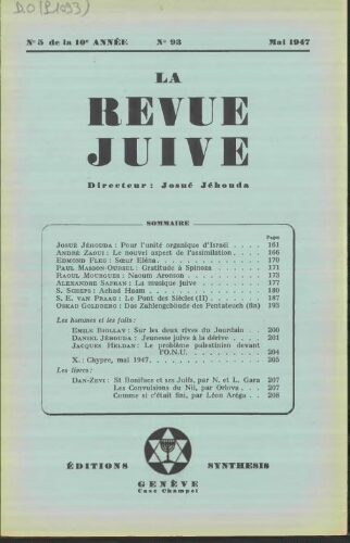 La Revue Juive de Genève. Vol. 10 n° 5 fasc. 93 (mai 1947)