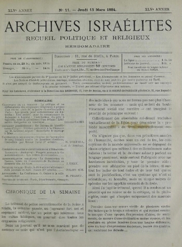 Archives israélites de France. Vol.45 N°11 (13 mars 1884)
