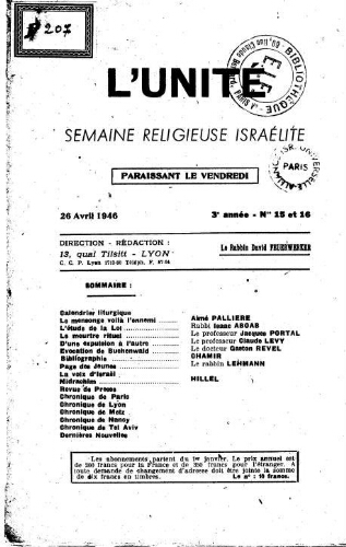 L'Unité : Semaine religieuse israélite. 3ème Année N° 15-16 (26 avril 1946)