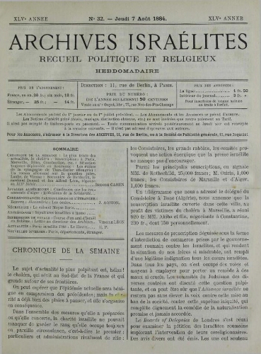 Archives israélites de France. Vol.45 N°32 (07 août 1884)