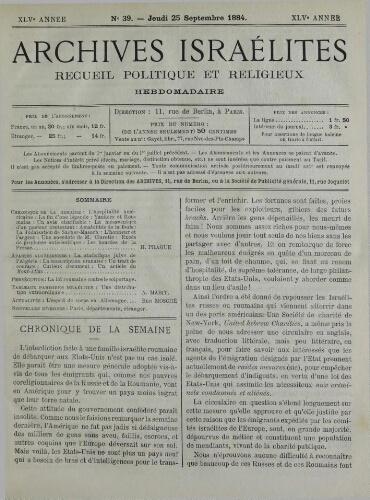 Archives israélites de France. Vol.45 N°39 (25 sept. 1884)