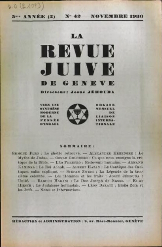 La Revue Juive de Genève. Vol. 5 n° 2 fasc. 42 (novembre 1936)