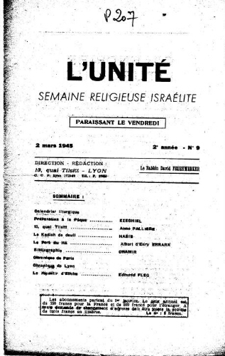 L'Unité : Semaine religieuse israélite. 2ème Année N° 9 (2 mars 1945)