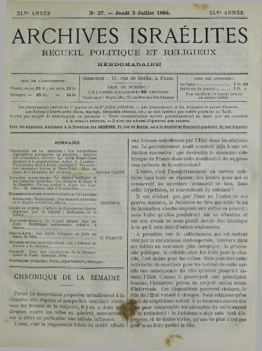 Archives israélites de France. Vol.45 N°27 (03 juil. 1884)