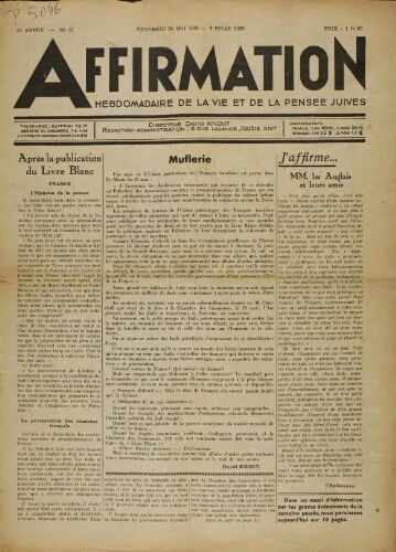 Affirmation. Vol. 01 N°19 (26 mai 1939)