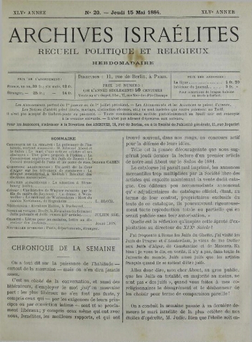Archives israélites de France. Vol.45 N°20 (15 mai 1884)