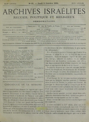 Archives israélites de France. Vol.45 N°41 (09 oct. 1884)