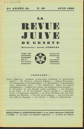 La Revue Juive de Genève. Vol. 4 n° 9 fasc. 39 (juin 1936)