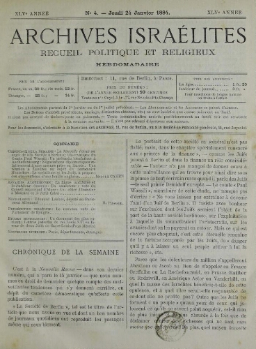 Archives israélites de France. Vol.45 N°04 (24 janv. 1884)