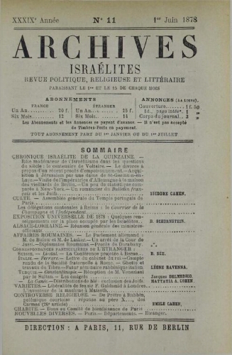 Archives israélites de France. Vol.39 N°11 (01 juin 1878)