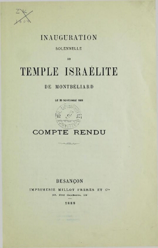 Inauguration solennelle du temple israélite de Montbéliard, le 29 novembre 1888. Compte rendu. (1er décembre 1888.)
