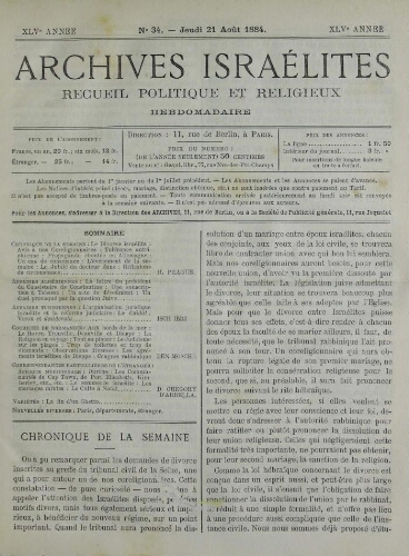 Archives israélites de France. Vol.45 N°34 (21 août 1884)
