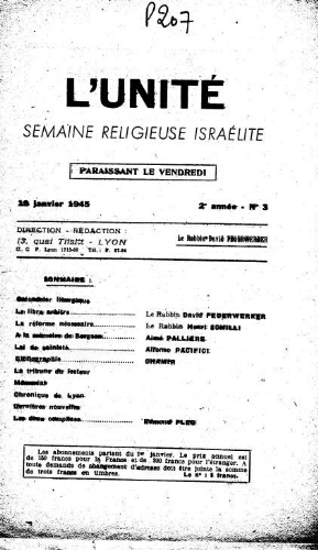 L'Unité : Semaine religieuse israélite. 2ème Année N° 3 (19 janvier 1945)