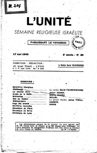 L'Unité : Semaine religieuse israélite. 2ème Année N° 20 (17 mai 1945)