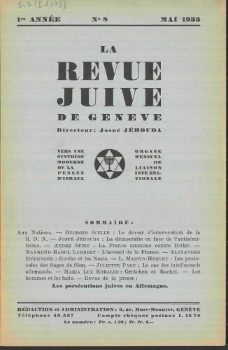 La Revue Juive de Genève. Vol. 1 n° 8 fasc. 8 (mai 1933)