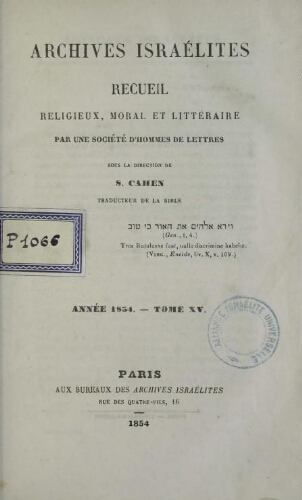 Archives israélites de France. (1854  Vol.15)