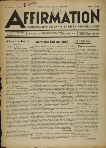 Affirmation. Vol. 01 N°21 (09 juin 1939)