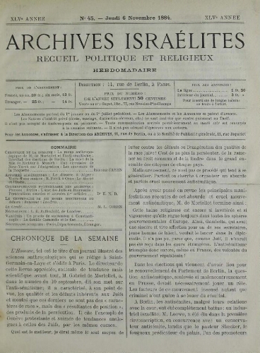 Archives israélites de France. Vol.45 N°45 (06 nov. 1884)