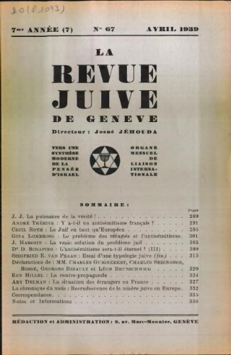 La Revue Juive de Genève. Vol. 7 n° 7 fasc. 67 (avril 1939)