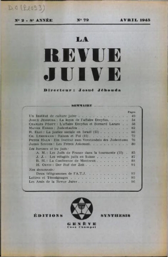 La Revue Juive de Genève. Vol. 8 n° 2 fasc. 72 (avril 1945)