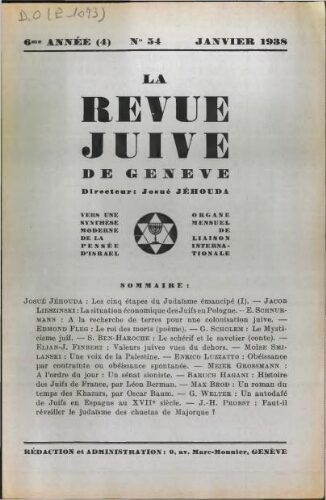 La Revue Juive de Genève. Vol. 6 n° 4 fasc. 54 (janvier 1938)