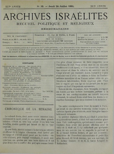 Archives israélites de France. Vol.45 N°30 (24 juil. 1884)