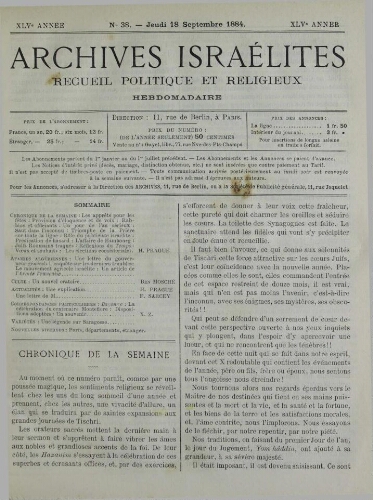 Archives israélites de France. Vol.45 N°38 (18 sept. 1884)